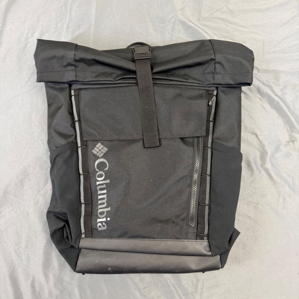 Columbia Black Roll Top Backpack Unisex Padded Straps Side Access Hiking Bag